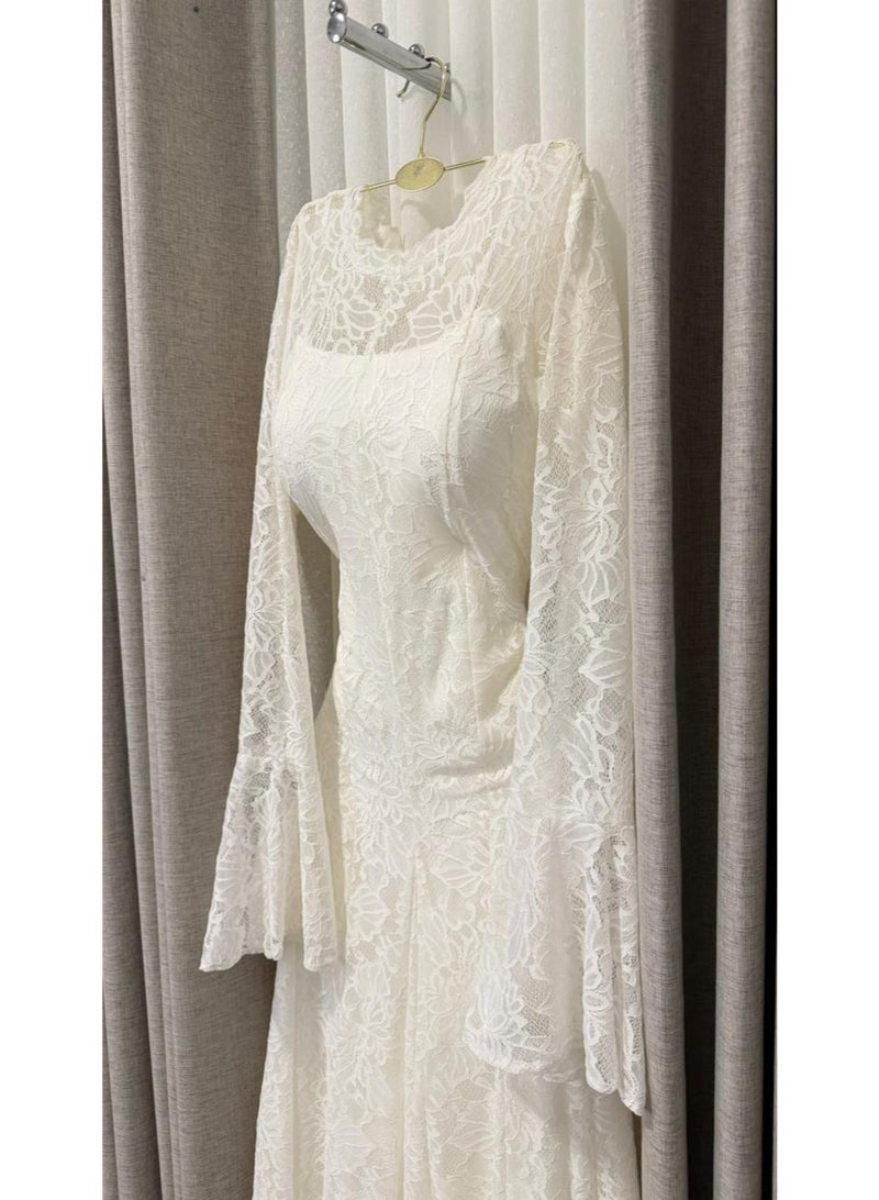 Cutie Premium Floral Lace Evening Dress with Bell Sleeves & Maxi Length - Off-White - Image 2